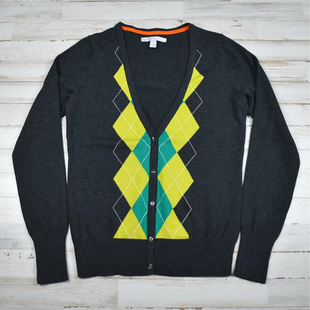 Y2K Argyle Cardigan Sweater Women S Gray Green Button Front Preppy Academia VTG